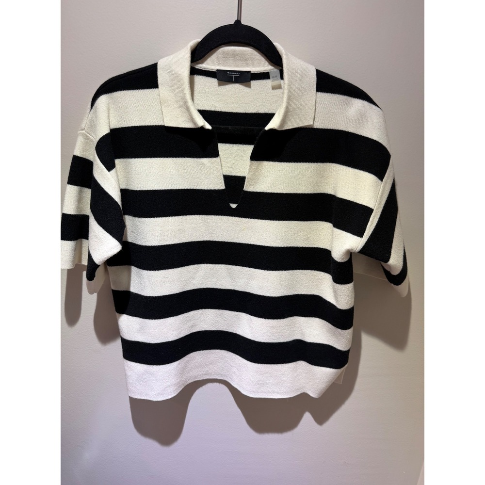 Tahari Womens Black White Striped Short Sleeve Split Neck Polo Sweater Medium